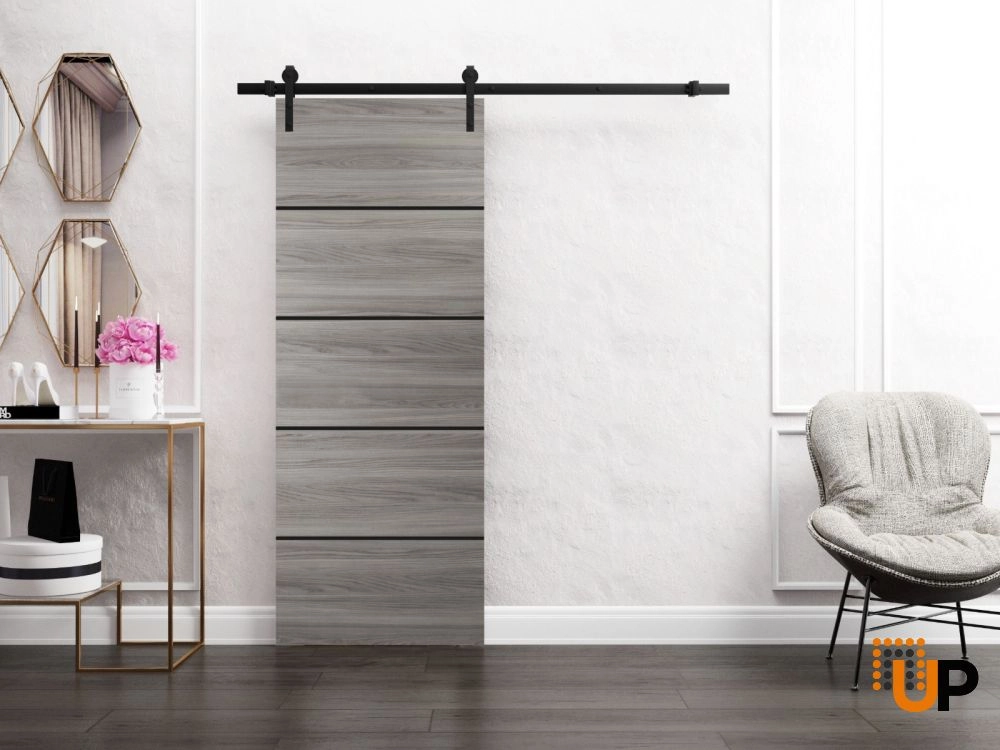 Single solid wood with honeycomb sliding modern interior barn door | Planum 0015 Ginger Ash | 18 x 80 photo#2