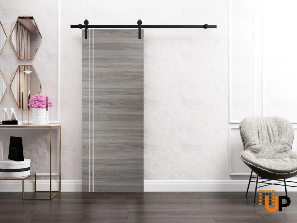 Single solid wood with honeycomb sliding modern interior barn door | Planum 0310 Ginger Ash | 18 x 80 photo#2