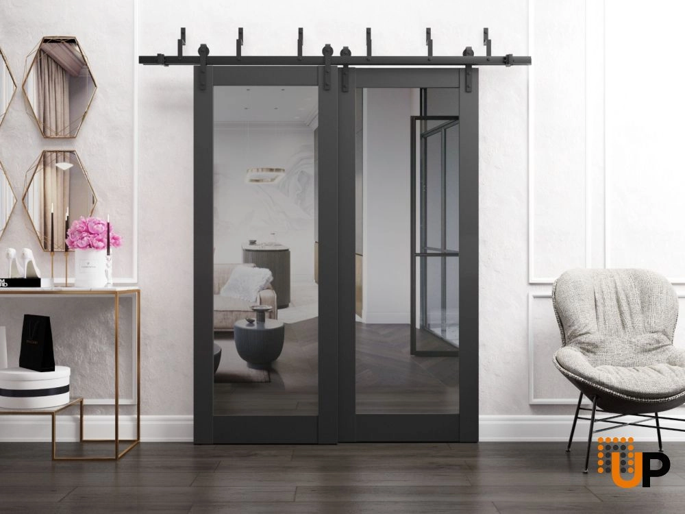 Double solid core sliding luxury interior barn bypass door with mirror glass | Lucia 1299 Black Matte | 64 x 80 (2* 32x80) photo#2