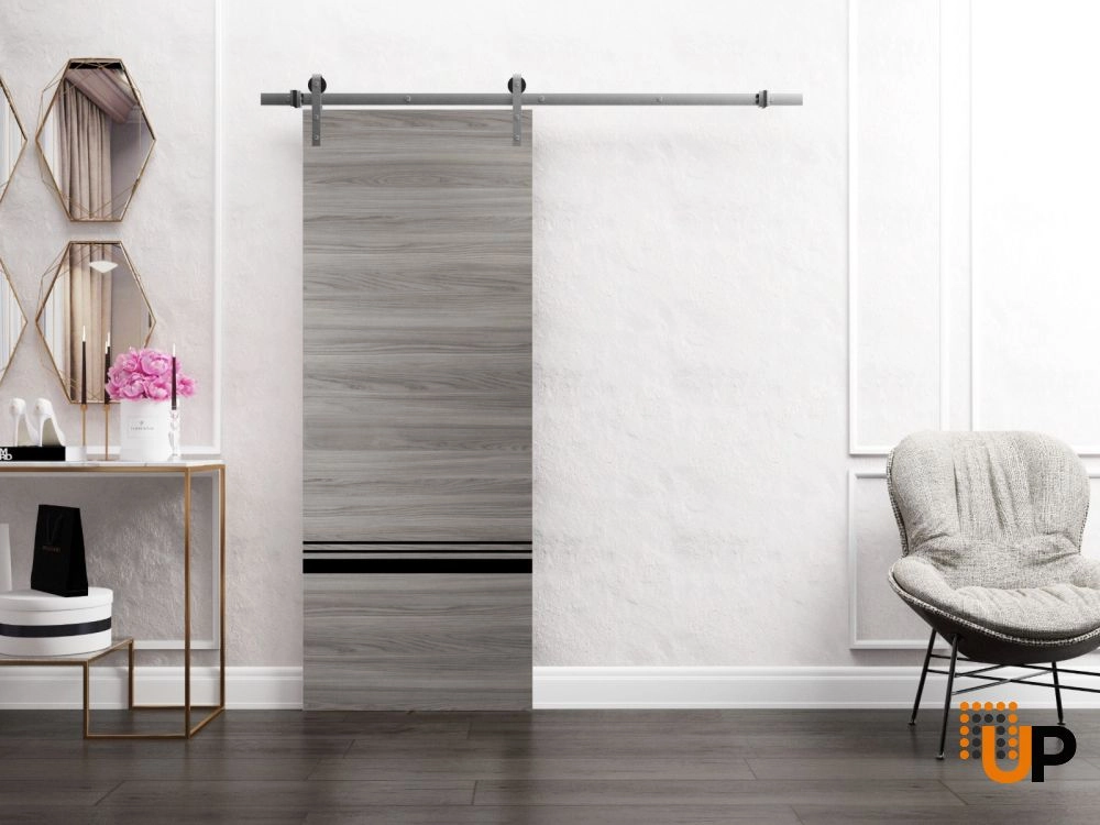 Single solid wood with honeycomb sliding modern interior barn door | Planum 0012 Ginger Ash | 18 x 80 photo#2