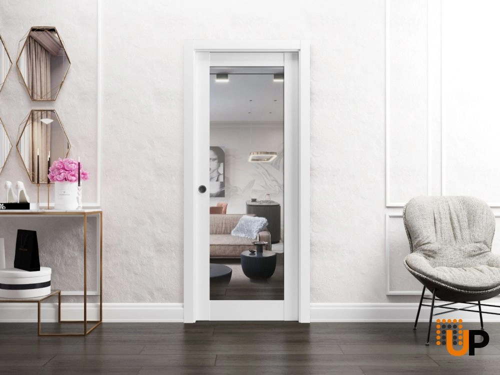 Single solid core sliding luxury interior pocket door with mirror glass | Lucia 1299 White | 18 x 80 photo#2