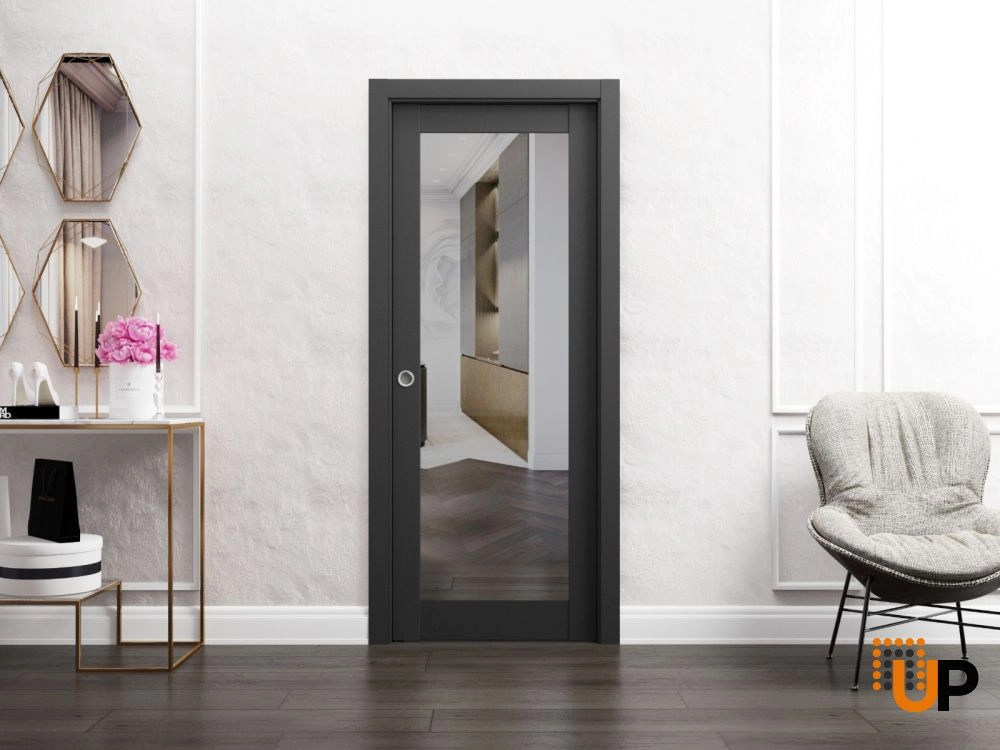Single solid core sliding luxury interior pocket door with mirror glass | Lucia 1299 Black Matte | 18 x 80 photo#2