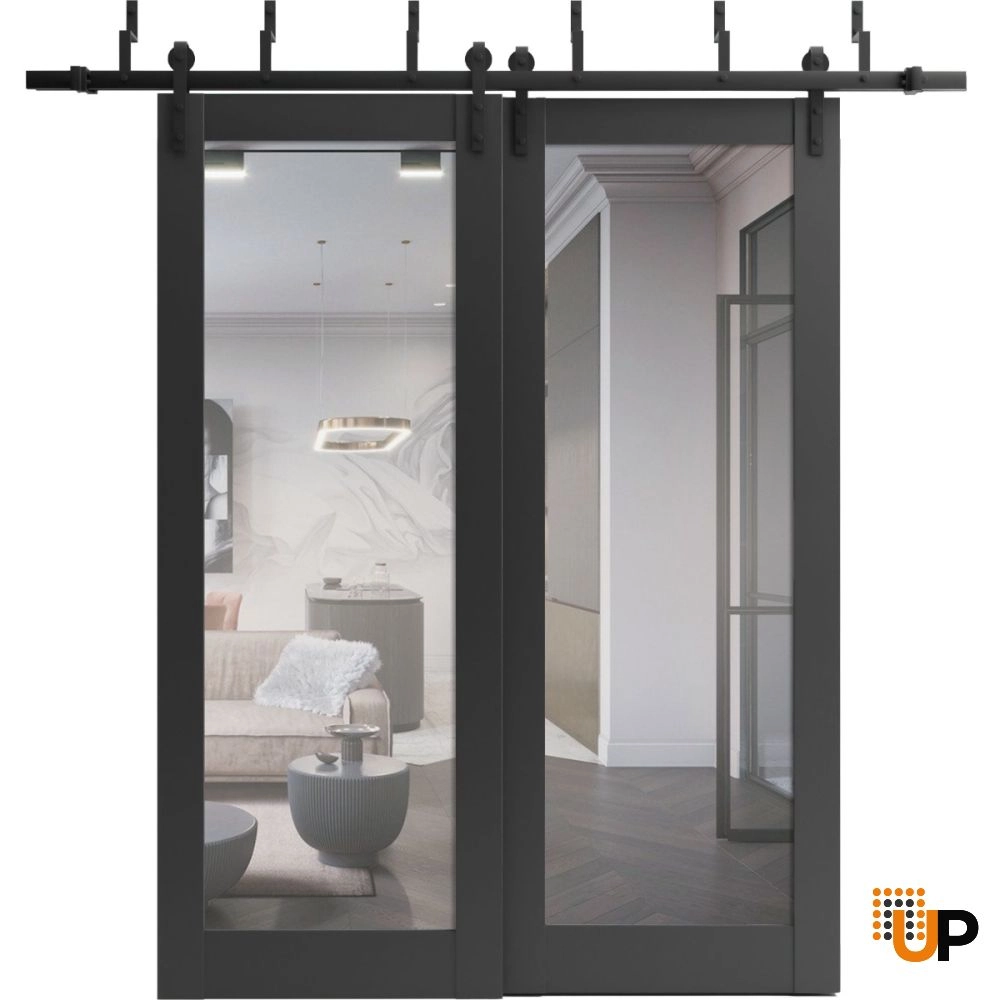 Double solid core sliding luxury interior barn bypass door with mirror glass | Lucia 1299 Black Matte | 60 x 96 (2* 30x96) photo#1