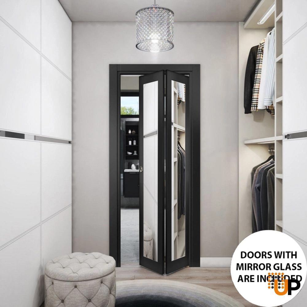2 folding panels solid core sliding french interior bi-fold door with mirror glass | Lucia 1299 Black Matte | 36 x 80 (2* 18x80) photo#2