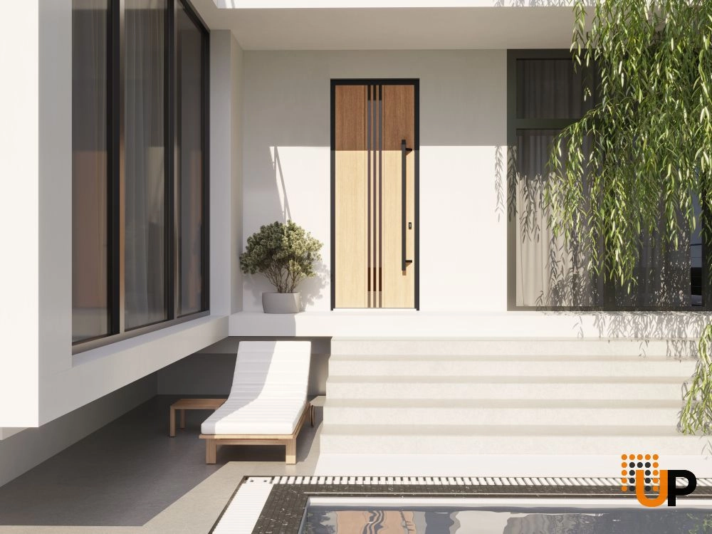 Single swing metal-aluminum modern exterior door with triplex | Ronex 1055 Oak | 36 x 96 photo#3