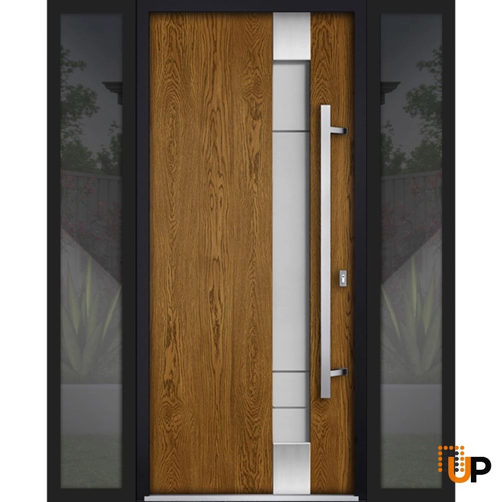 Single swing metal-aluminum modern exterior door with triplex glass | Deux 1713 Oak | 68 x 80 photo#1