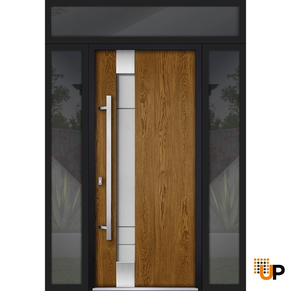 Single swing metal-aluminum modern exterior door with triplex glass | Deux 1713 Oak | 68 x 96 photo#1