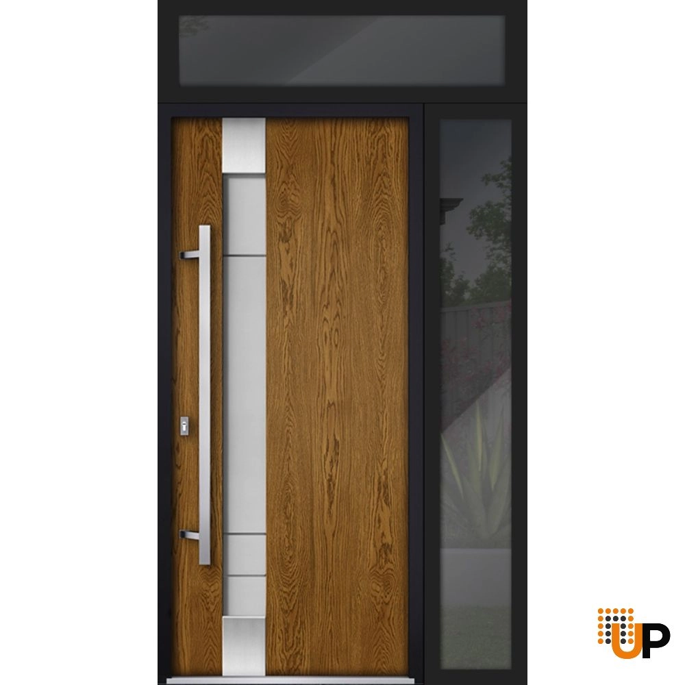 Single swing metal-aluminum modern exterior door with triplex glass | Deux 1713 Oak | 52 x 96 photo#1