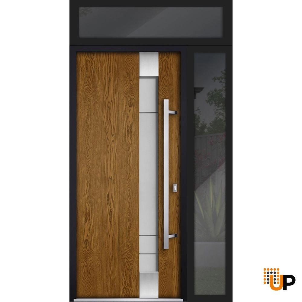 Single swing metal-aluminum modern exterior door with triplex glass | Deux 1713 Oak | 52 x 96 photo#1