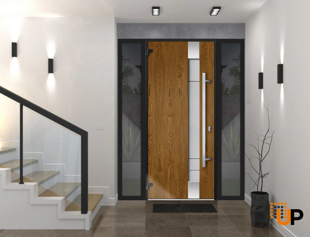 Single swing metal-aluminum modern exterior door with triplex glass | Deux 1713 Oak | 68 x 80 photo#2