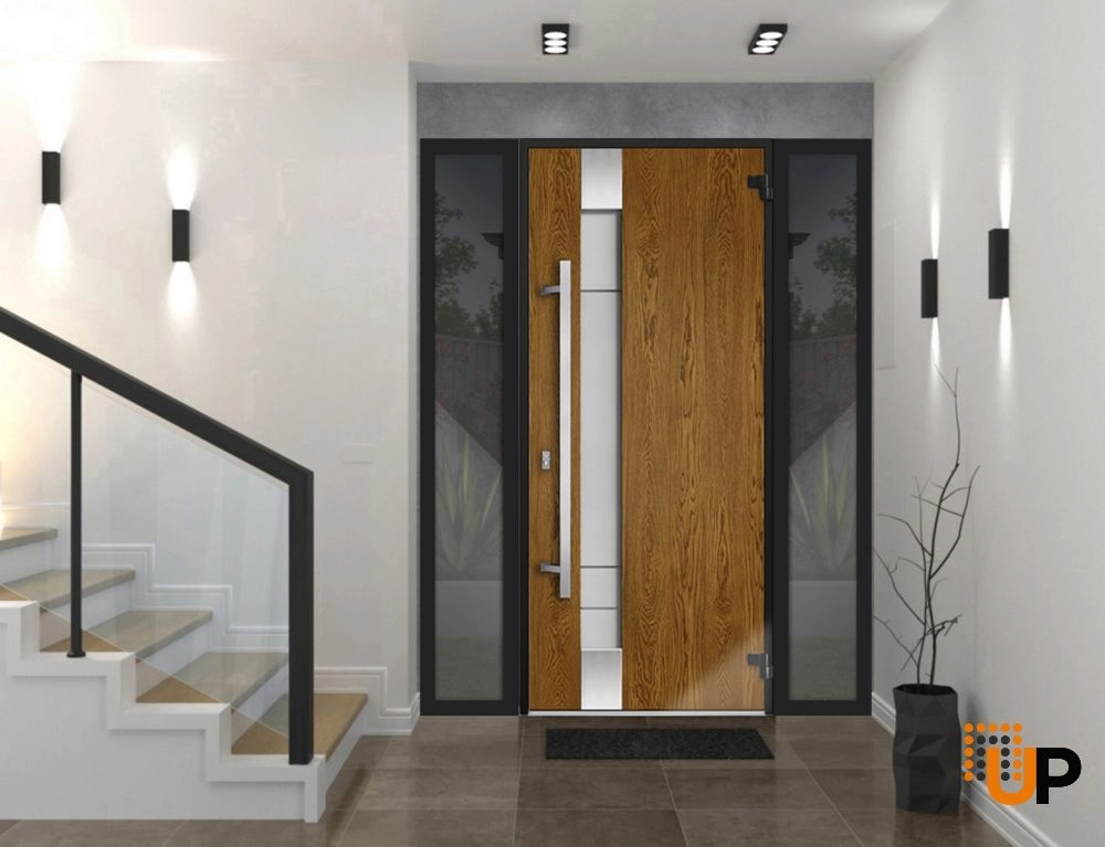 Single swing metal-aluminum modern exterior door with triplex glass | Deux 1713 Oak | 64 x 80 photo#2