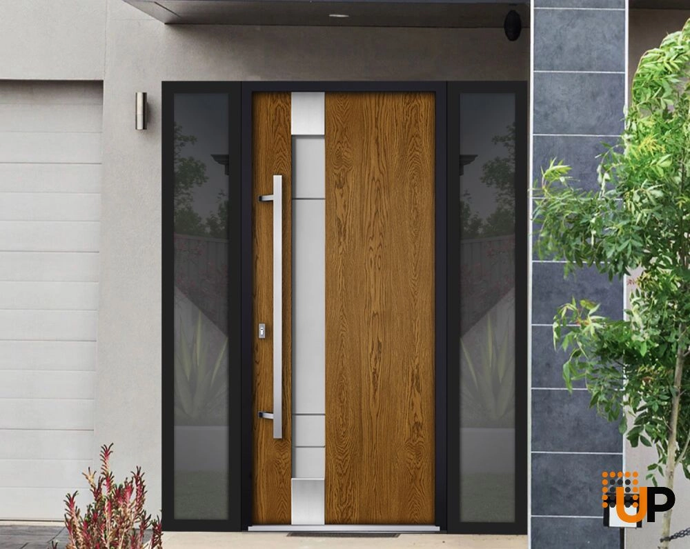 Single swing metal-aluminum modern exterior door with triplex glass | Deux 1713 Oak | 68 x 80 photo#3