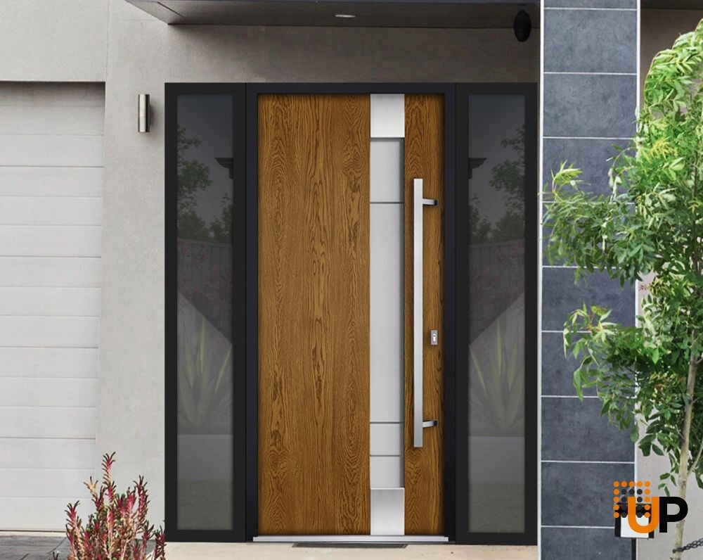 Single swing metal-aluminum modern exterior door with triplex glass | Deux 1713 Oak | 68 x 80 photo#3