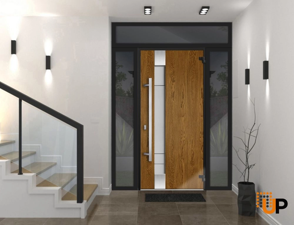 Single swing metal-aluminum modern exterior door with triplex glass | Deux 1713 Oak | 64 x 96 photo#2