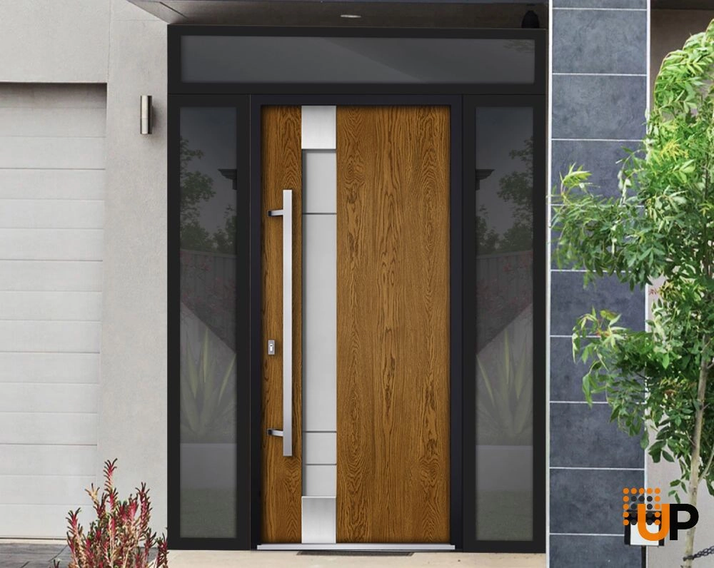 Single swing metal-aluminum modern exterior door with triplex glass | Deux 1713 Oak | 64 x 96 photo#3