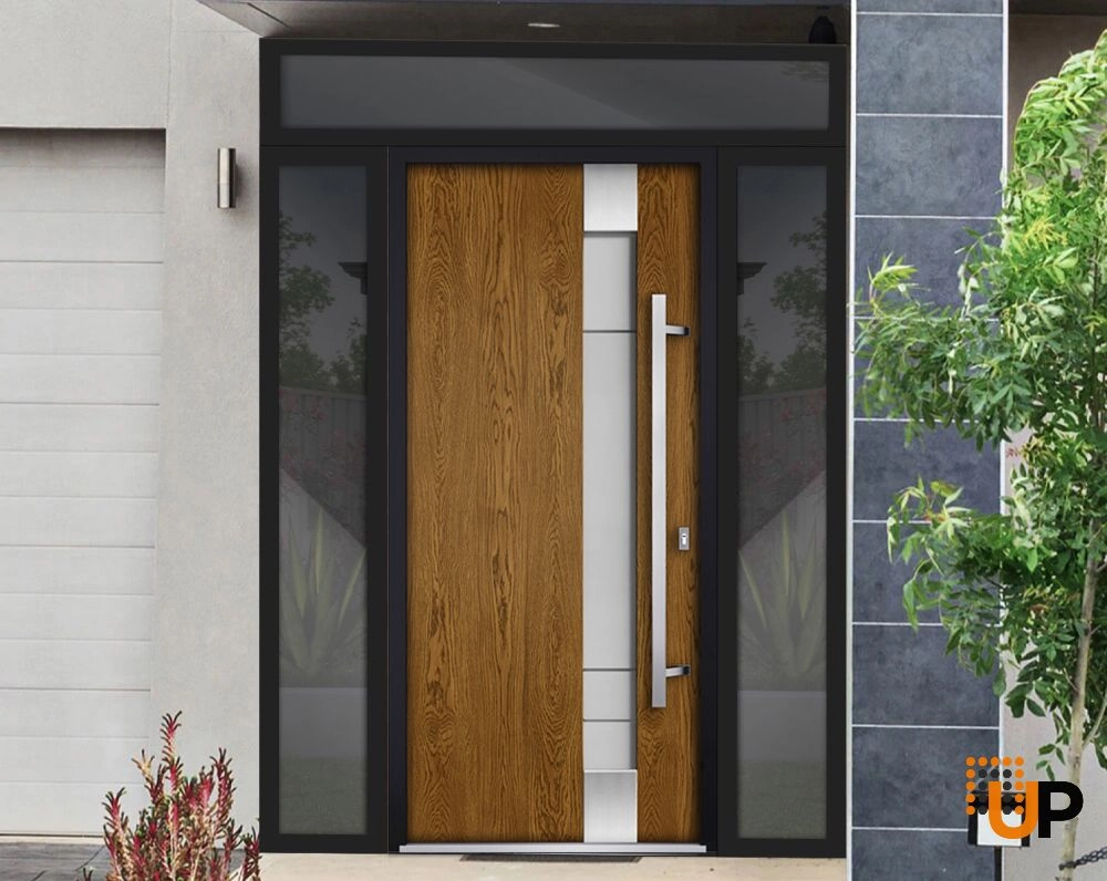 Single swing metal-aluminum modern exterior door with triplex glass | Deux 1713 Oak | 64 x 96 photo#3