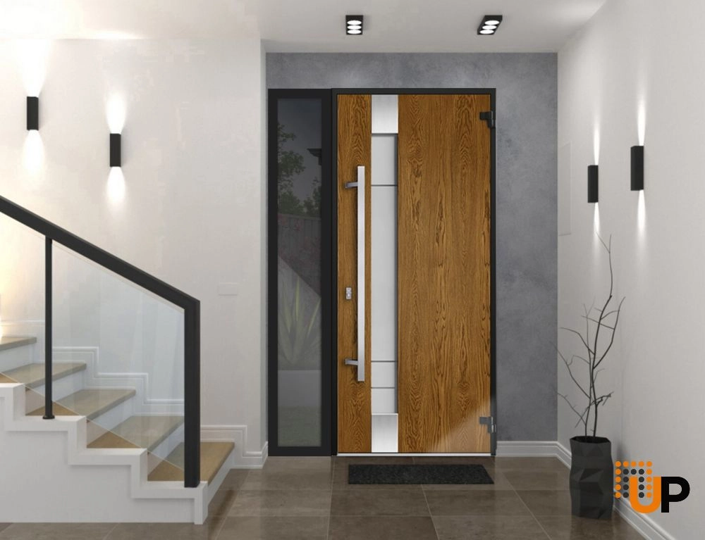 Single swing metal-aluminum modern exterior door with triplex glass | Deux 1713 Oak | 50 x 80 photo#2