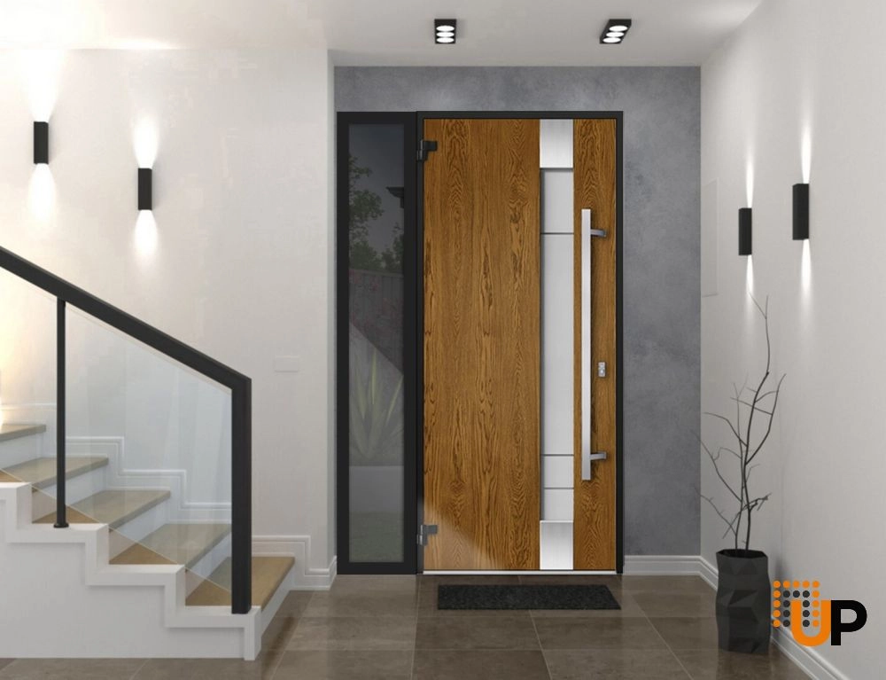 Single swing metal-aluminum modern exterior door with triplex glass | Deux 1713 Oak | 52 x 80 photo#2