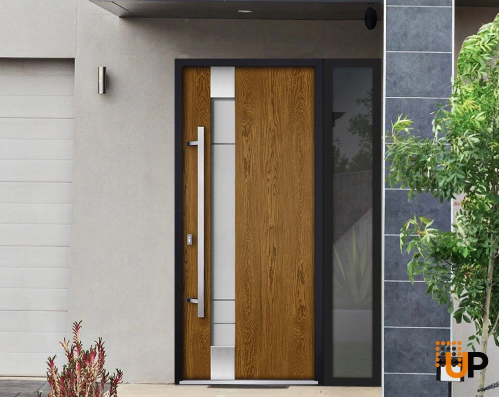 Single swing metal-aluminum modern exterior door with triplex | Deux 1713 Oak | 48 x 80 photo#3