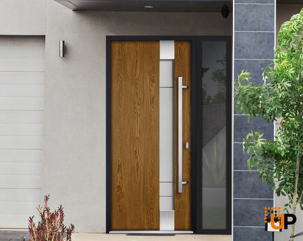 Single swing metal-aluminum modern exterior door with triplex glass | Deux 1713 Oak | 48 x 80 photo#3