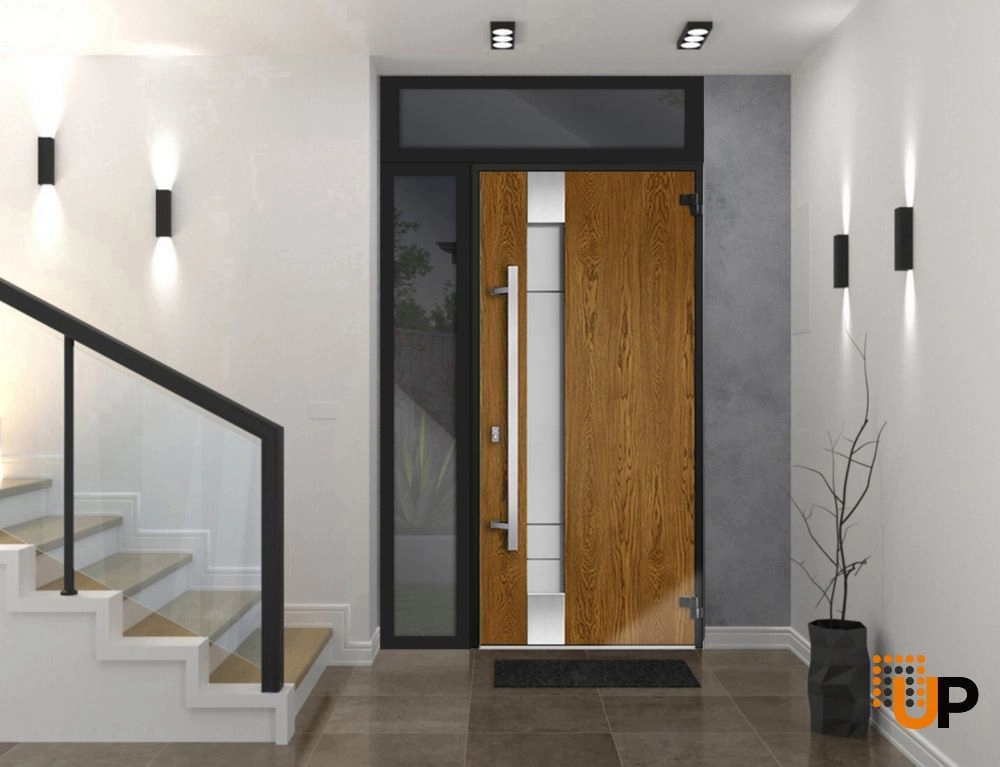 Single swing metal-aluminum modern exterior door with triplex glass | Deux 1713 Oak | 50 x 96 photo#2