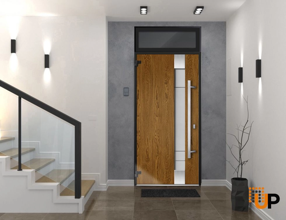 Single swing metal-aluminum modern exterior door with triplex glass | Deux 1713 Oak | 36 x 96 photo#2