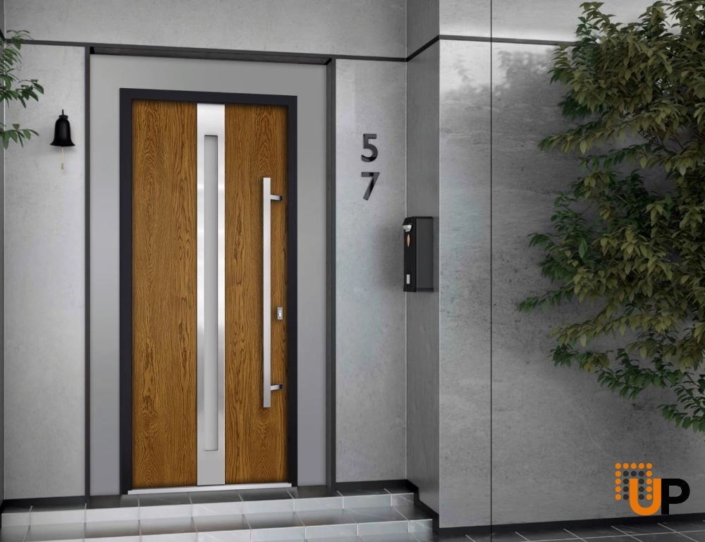 Single swing metal-aluminum modern exterior door with triplex | Deux 1744 Oak | 36 x 80 photo#2