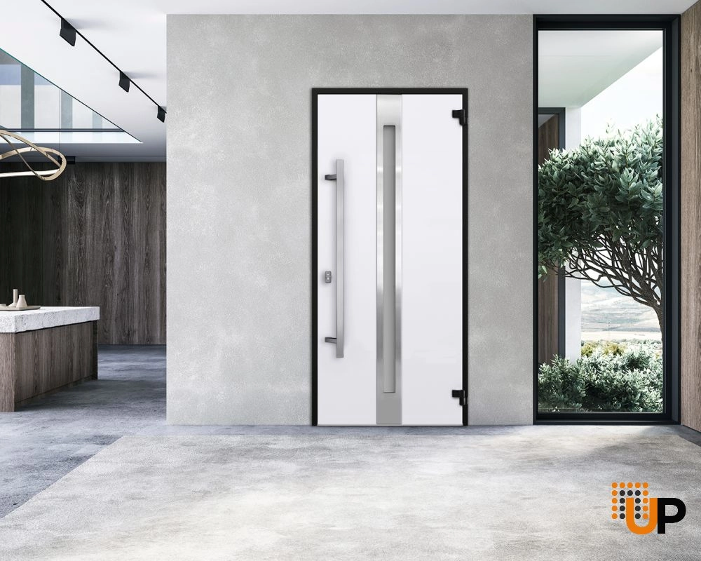 Single swing metal-aluminum modern exterior door with triplex | Deux 1744 Oak | 36 x 80 photo#3