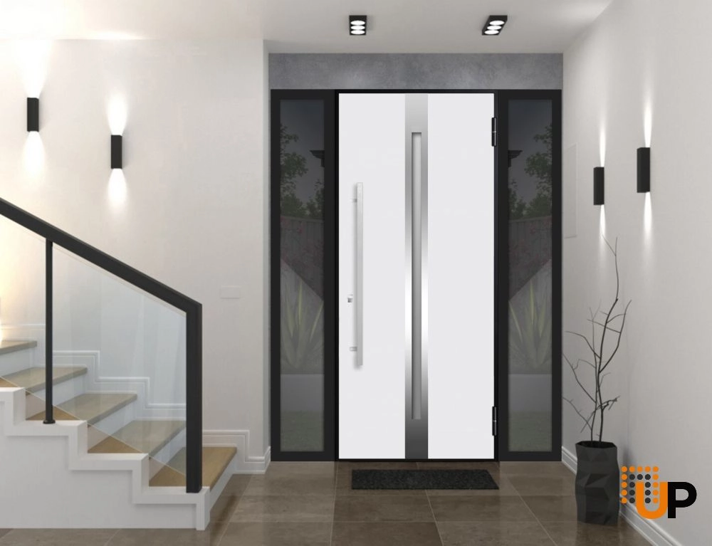 Single swing metal-aluminum modern exterior door with triplex glass | Deux 1744 Oak | 68 x 80 photo#3