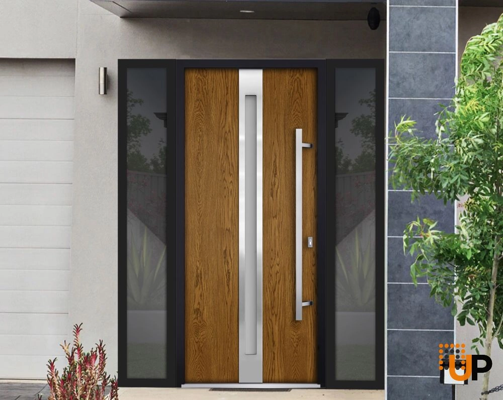 Single swing metal-aluminum modern exterior door with triplex glass | Deux 1744 Oak | 68 x 80 photo#2