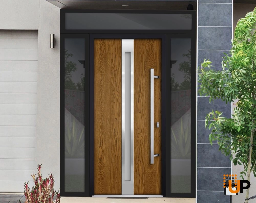 Single swing metal-aluminum modern exterior door with triplex glass | Deux 1744 Oak | 64 x 96 photo#2