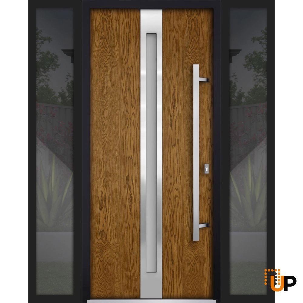Single swing metal-aluminum modern exterior door with triplex glass | Deux 1744 Oak | 68 x 80 photo#1