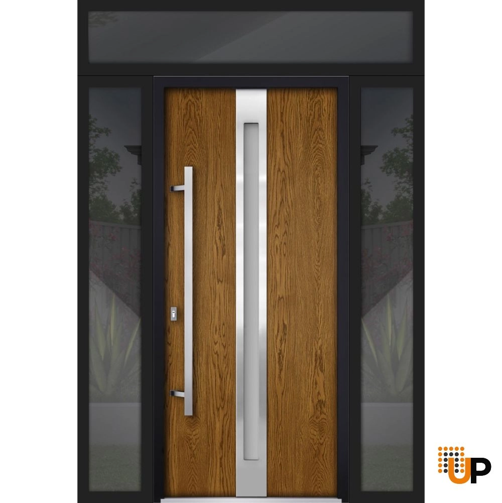 Single swing metal-aluminum modern exterior door with triplex | Deux 1744 Oak | 60 x 96 photo#1