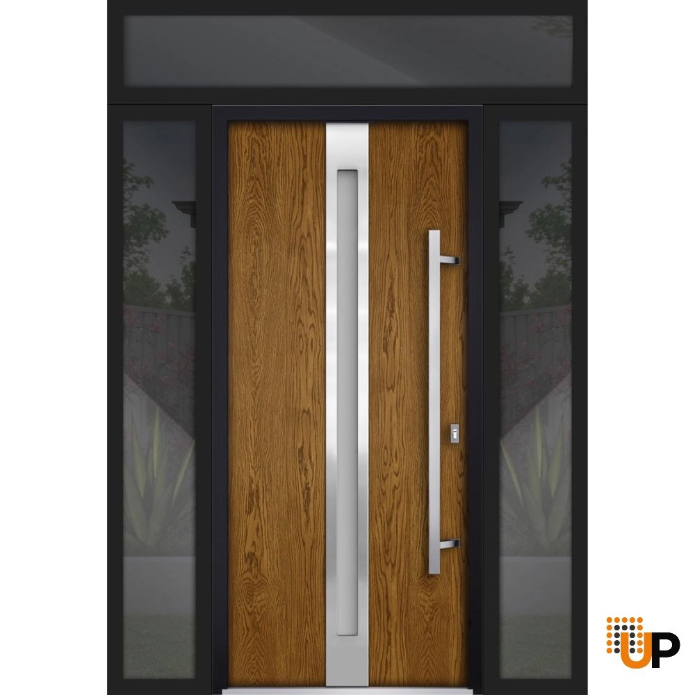 Single swing metal-aluminum modern exterior door with triplex glass | Deux 1744 Oak | 68 x 96 photo#1