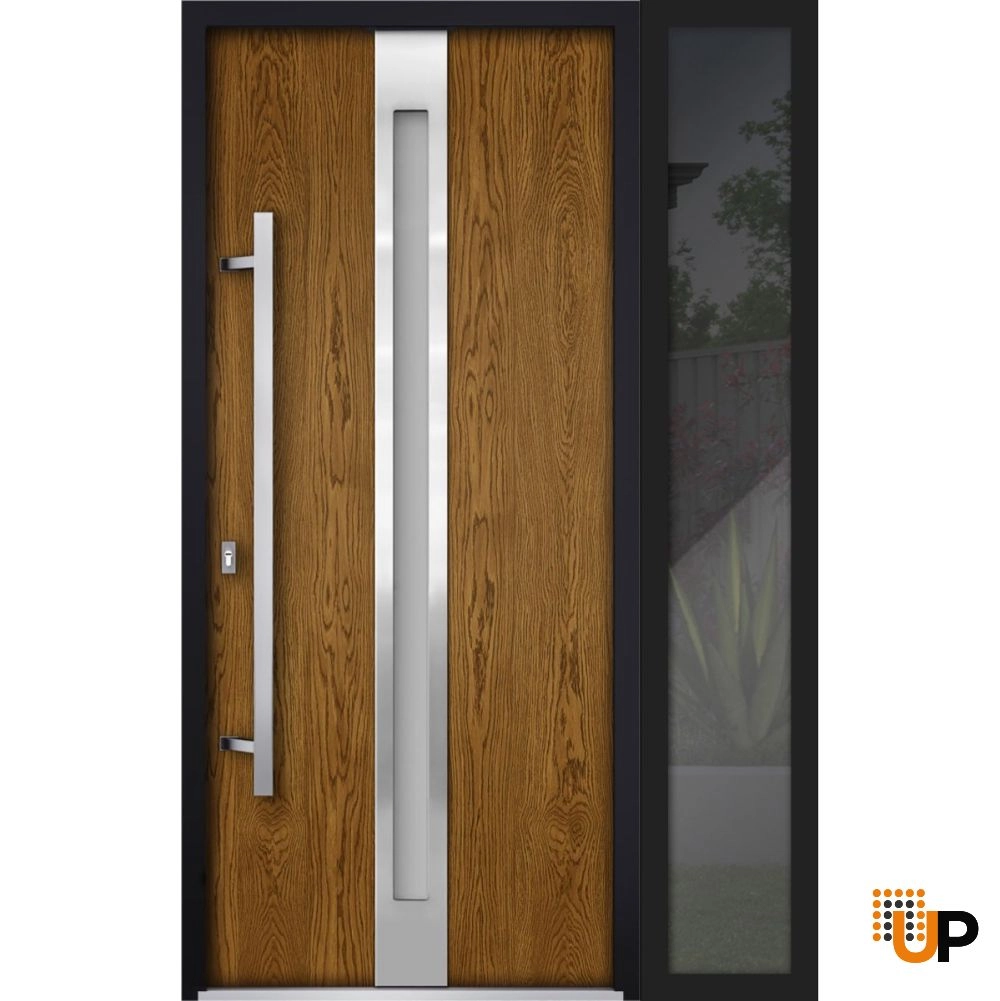 Single swing metal-aluminum modern exterior door with triplex glass | Deux 1744 Oak | 50 x 80 photo#1