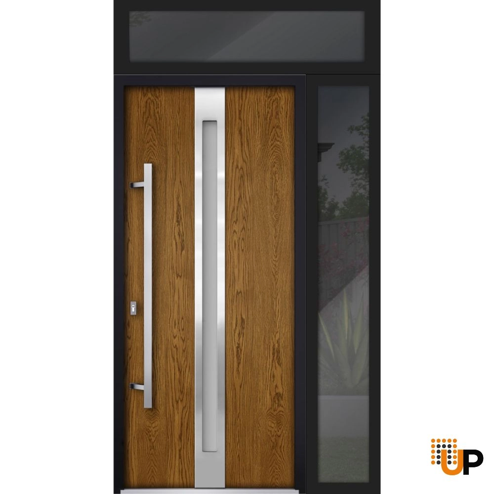 Single swing metal-aluminum modern exterior door with triplex glass | Deux 1744 Oak | 50 x 96 photo#1