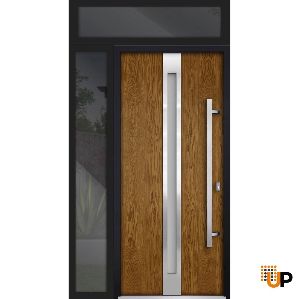 Single swing metal-aluminum modern exterior door with triplex glass | Deux 1744 Oak | 48 x 96 photo#1