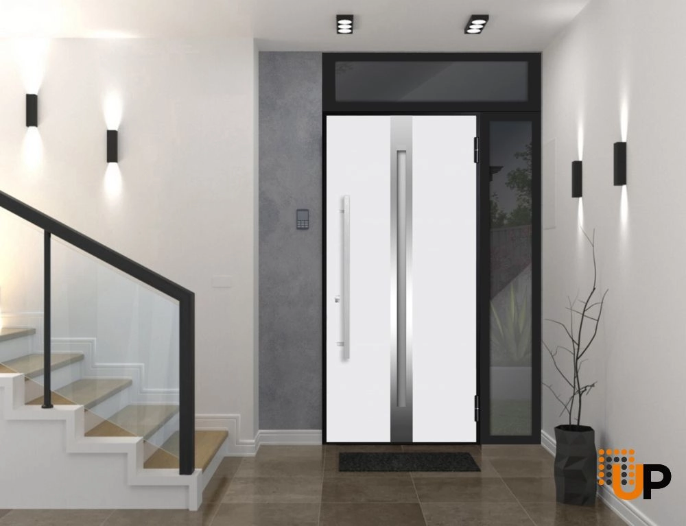 Single swing metal-aluminum modern exterior door with triplex glass | Deux 1744 Oak | 48 x 96 photo#3
