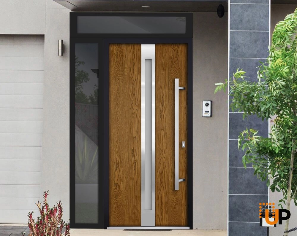 Single swing metal-aluminum modern exterior door with triplex glass | Deux 1744 Oak | 52 x 96 photo#2