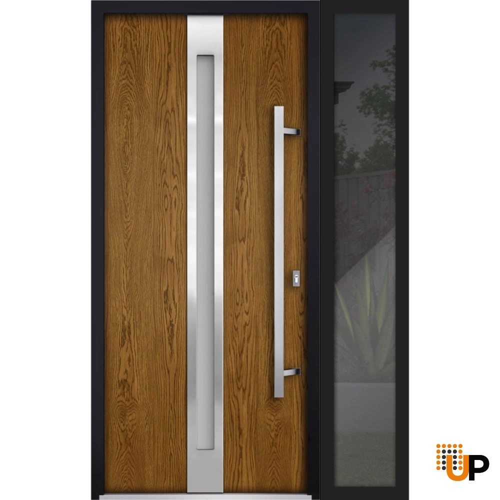 Single swing metal-aluminum modern exterior door with triplex glass | Deux 1744 Oak | 48 x 80 photo#1