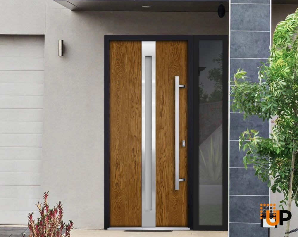 Single swing metal-aluminum modern exterior door with triplex glass | Deux 1744 Oak | 50 x 80 photo#2