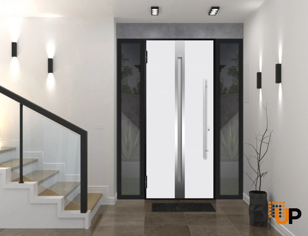 Single swing metal-aluminum modern exterior door with triplex | Deux 1744 Oak | 60 x 80 photo#3