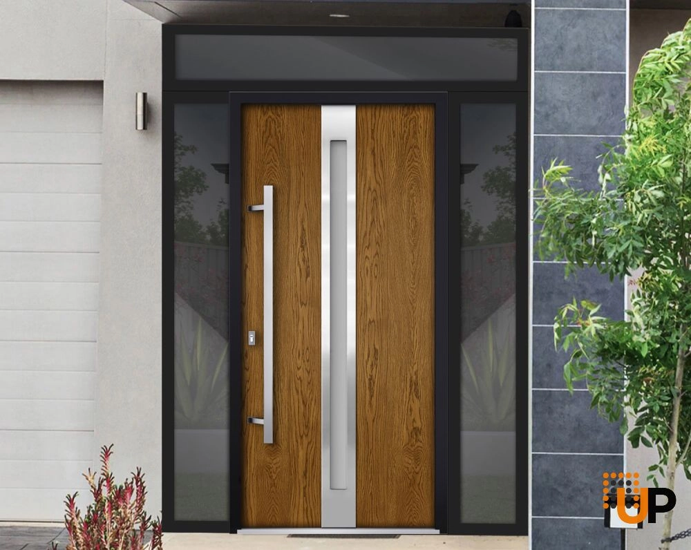 Single swing metal-aluminum modern exterior door with triplex glass | Deux 1744 Oak | 68 x 96 photo#2