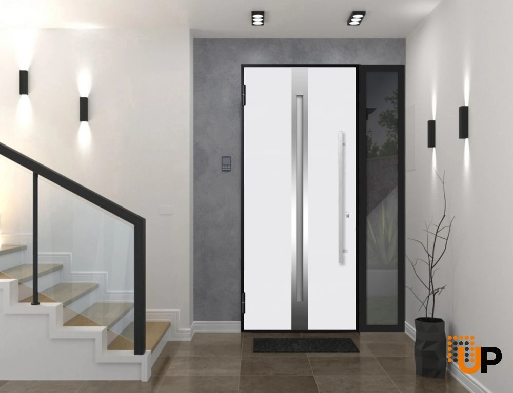 Single swing metal-aluminum modern exterior door with triplex glass | Deux 1744 Oak | 52 x 80 photo#3