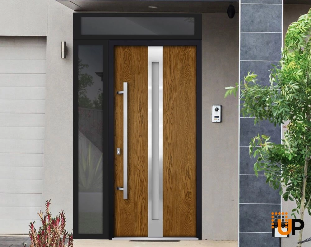 Single swing metal-aluminum modern exterior door with triplex glass | Deux 1744 Oak | 52 x 96 photo#2