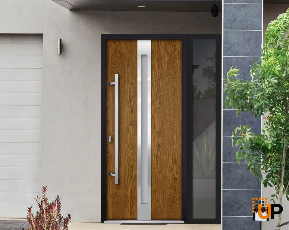 Single swing metal-aluminum modern exterior door with triplex glass | Deux 1744 Oak | 52 x 80 photo#2