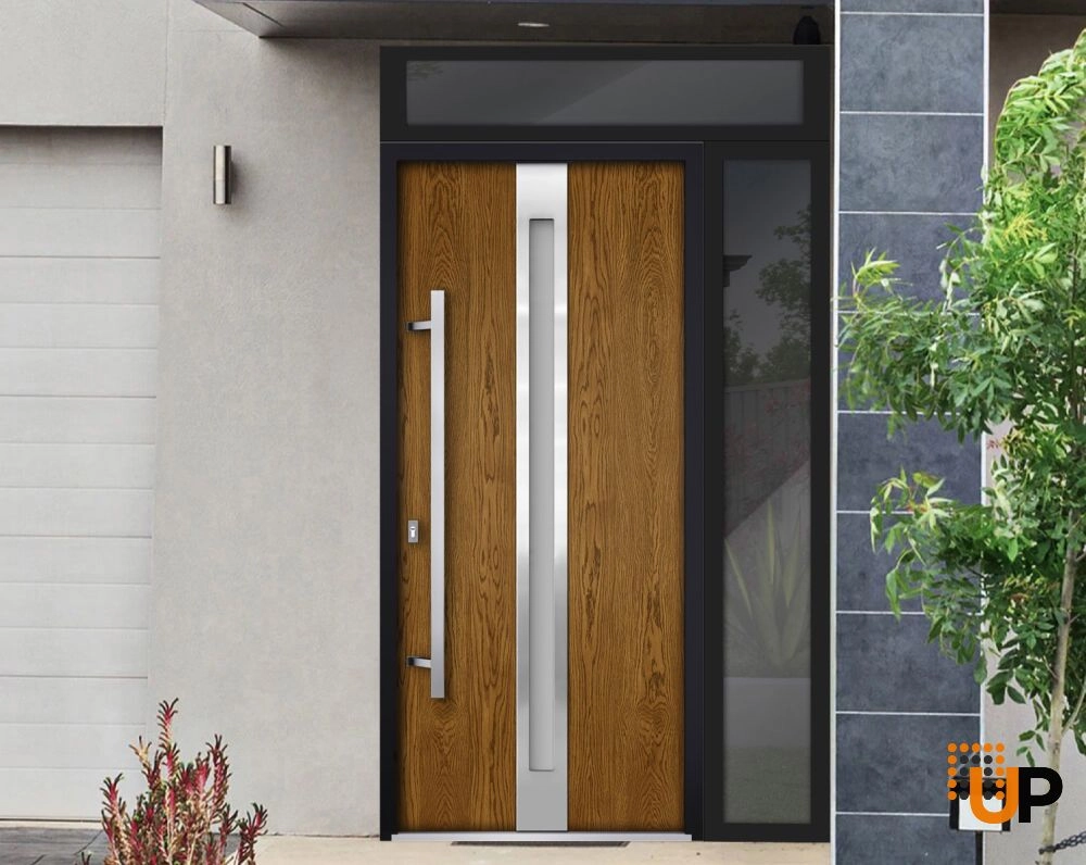Single swing metal-aluminum modern exterior door with triplex | Deux 1744 Oak | 48 x 96 photo#2