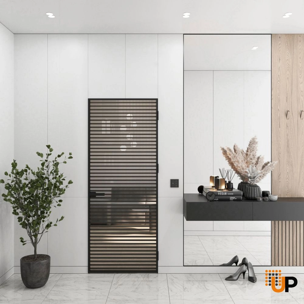 Aluminum Interior Hidden Door | Lumo 1801 Black Clear Glass with Frame 36" x 96" Right-hand Inswing photo#2