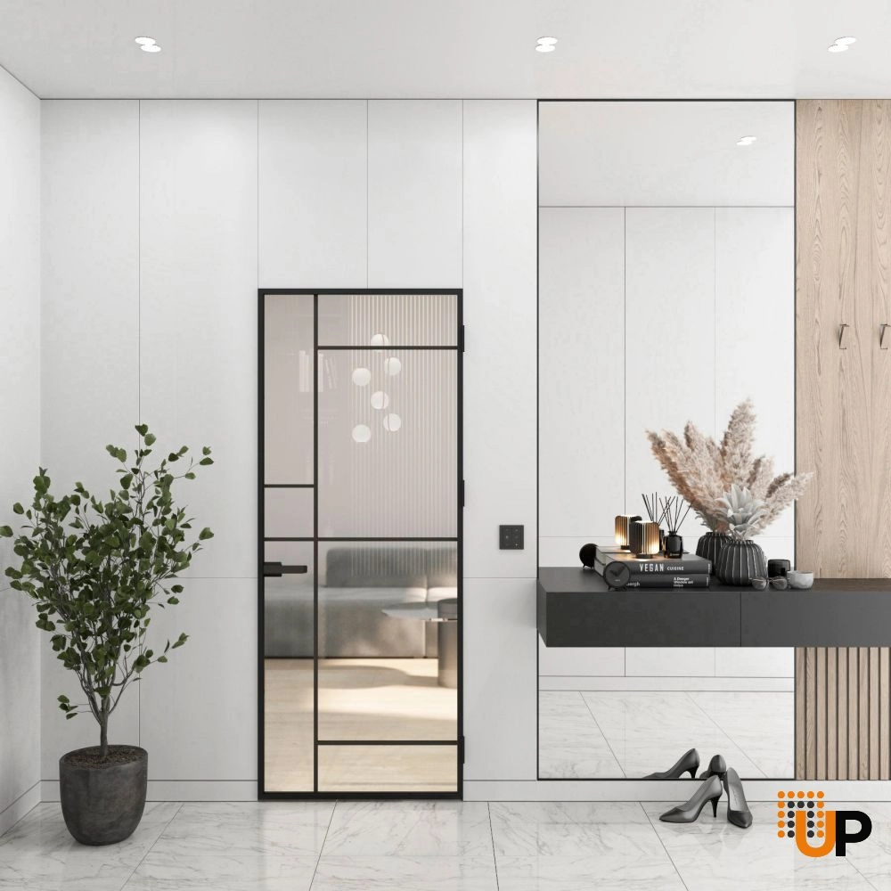 Aluminum Interior Hidden Door | Lumo 1809 Black Clear Glass with Frame 32" x 84" Right-hand Inswing photo#2