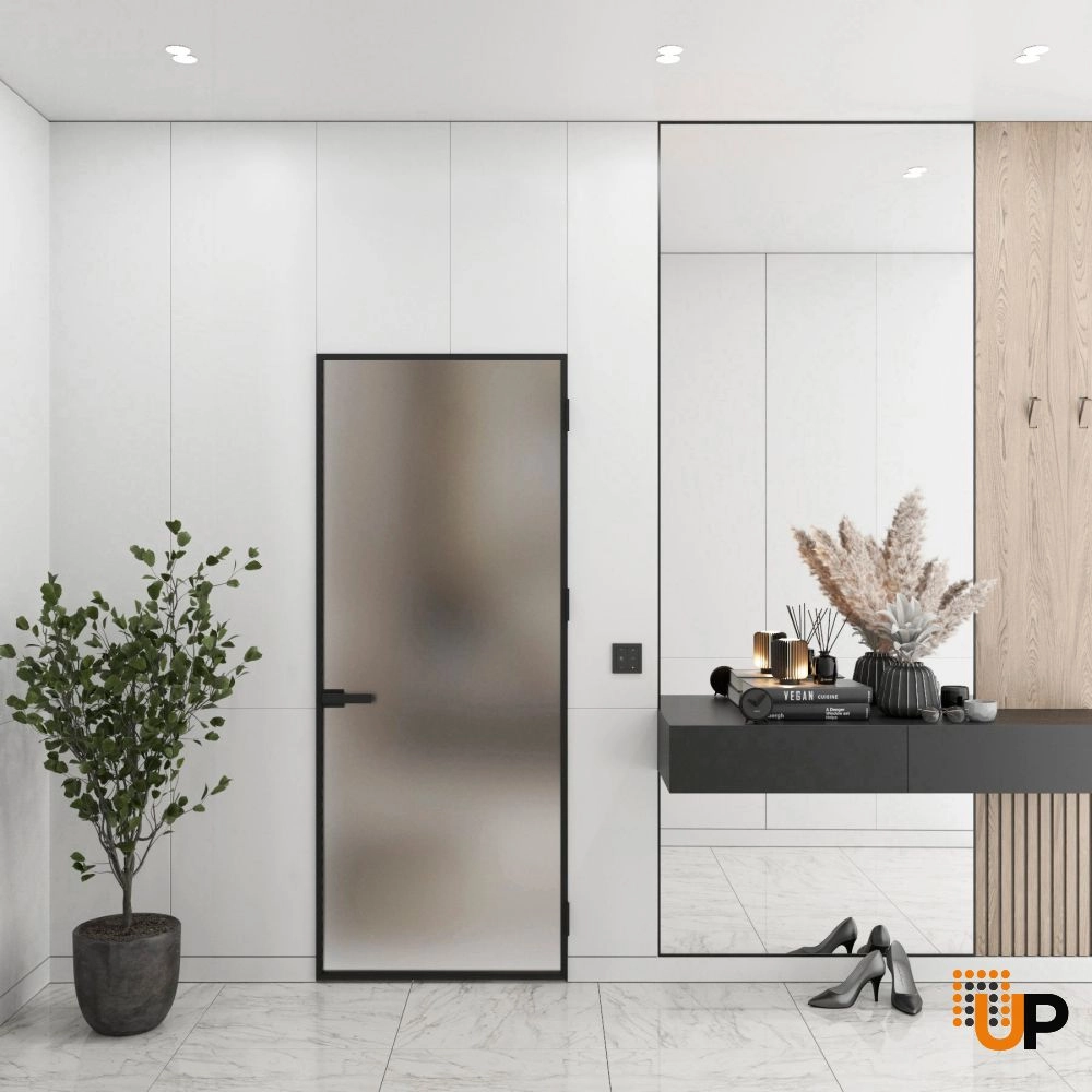 Aluminum Interior Hidden Door | Lumo 1900 Black Frosted Glass with Frame 32" x 96" Right-hand Inswing photo#2